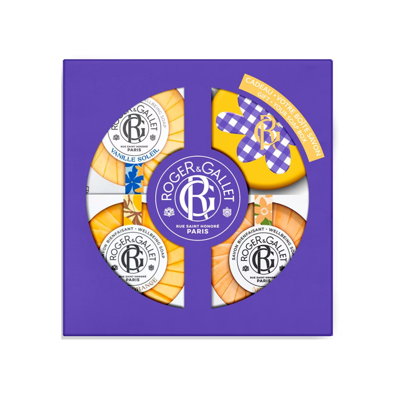 Roger & Gallet trío de jabones perfumados Vanille Soleil, Néroli y Bois d'Orange con jabonera de regalo