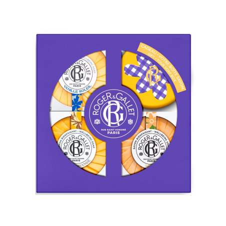 Roger & Gallet trío de jabones perfumados Vanille Soleil, Néroli y Bois d'Orange con jabonera de regalo