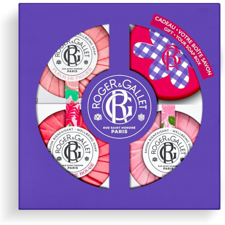 Roger & Gallet trío de jabones perfumados Fleur de Figuier, Gingembre Rouge y Rose con jabonera de regalo