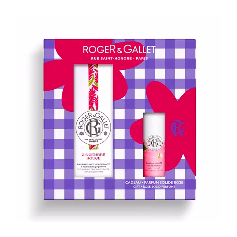 Roger & Gallet pack Gingembre Rouge agua perfumada 100 ml con perfume sólido Rose de regalo