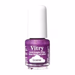 Esmalte de uñas infantil Vitry al agua Licorne, frasco morado con purpurina