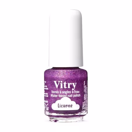 Esmalte de uñas infantil Vitry al agua Licorne, frasco morado con purpurina