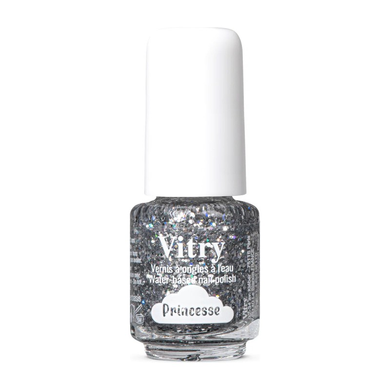 Esmalte de uñas infantil Vitry al agua Princesse, frasco plateado con purpurina