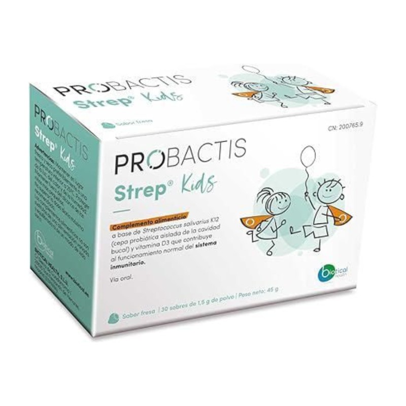 Probactis Strep Kids de Biotical Health, envase de 30 sobres de 1,5 g de polvo con sabor a fresa