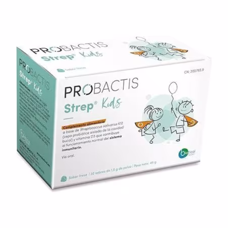 Probactis Strep Kids de Biotical Health, envase de 30 sobres de 1,5 g de polvo con sabor a fresa
