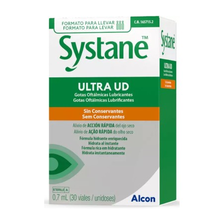 Caja de Systane Ultra UD gotas oftálmicas lubricantes sin conservantes, 30 viales monodosis de 0,7 ml