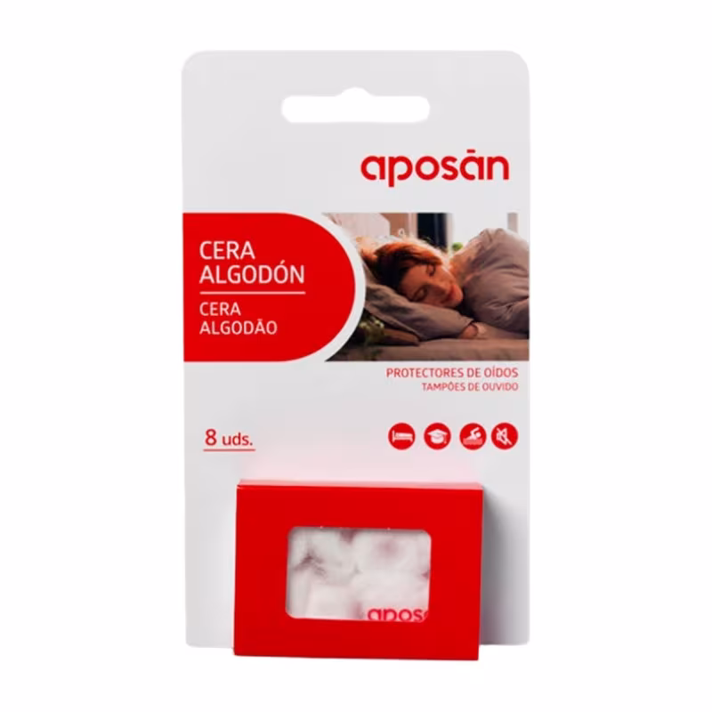 Blíster de tapones de oídos Aposán de cera con cubierta de algodón, envase de 8 unidades