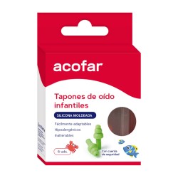 Caja de tapones de oído infantiles Acofar de silicona moldeada con cuerda de seguridad, 6 unidades