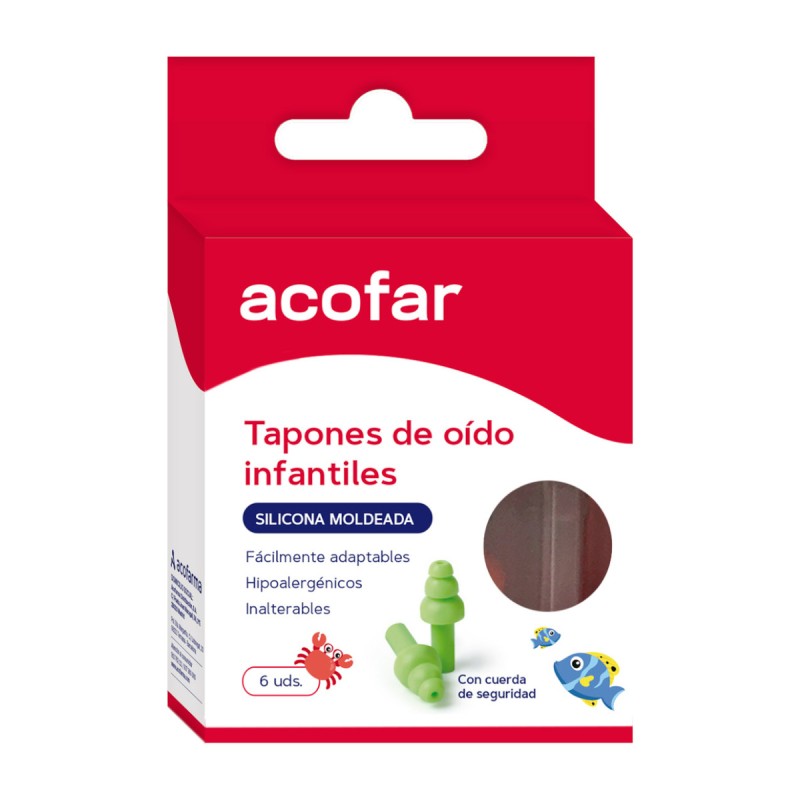 Caja de tapones de oído infantiles Acofar de silicona moldeada con cuerda de seguridad, 6 unidades