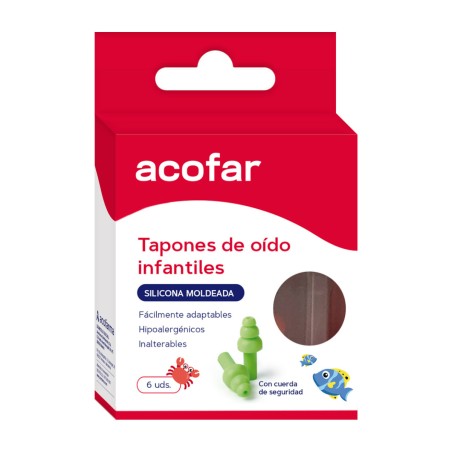 Caja de tapones de oído infantiles Acofar de silicona moldeada con cuerda de seguridad, 6 unidades