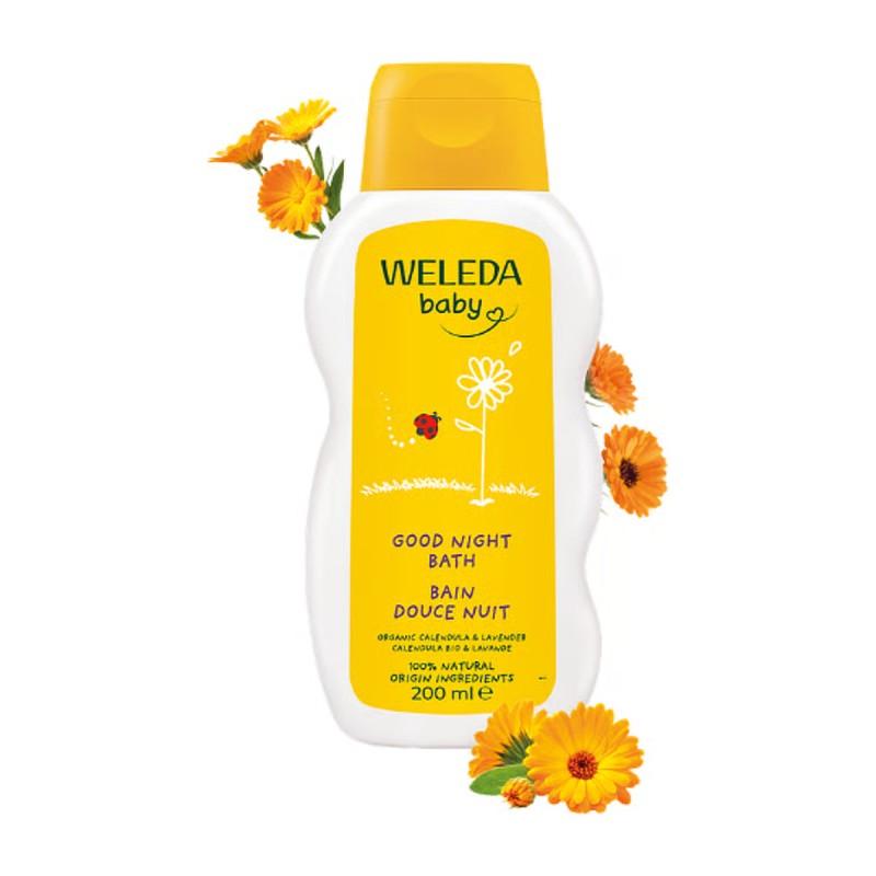 Bote de Weleda baby baño buenas noches con caléndula y lavanda, 200 ml