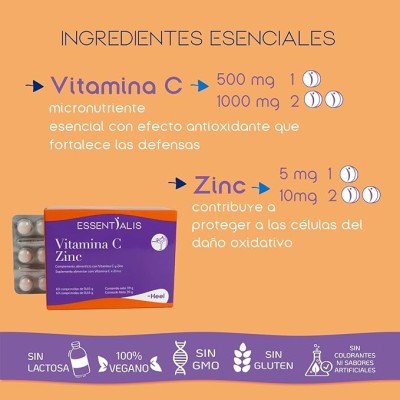 Essentialis Vitamina C y Zinc | Refuerzo Inmunitario Diario | 60 Comprimidos