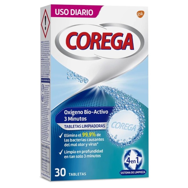 Corega Oxígeno Bio-Activo 30 tabletas | Limpieza profunda