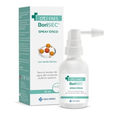 Oti FAES BoriSEC spray ótico con ácido bórico, envase de 30 ml y caja