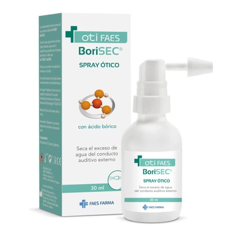 Oti FAES BoriSEC spray ótico con ácido bórico, envase de 30 ml y caja