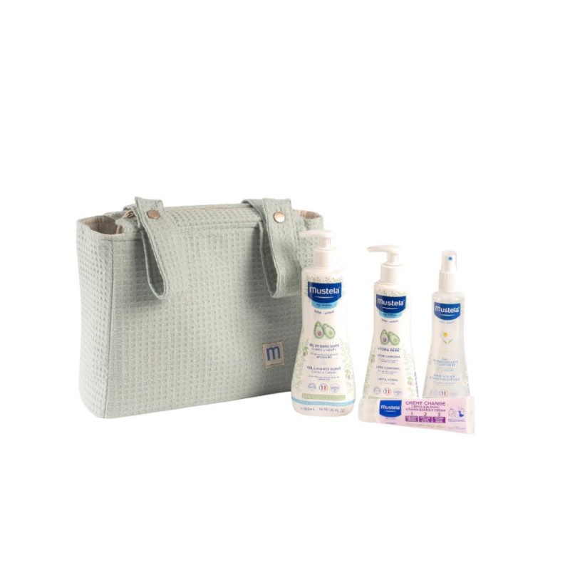 Bolsa Paseo Mustela Rosa/Verde | Gel, Leche, Agua y Bálsamo