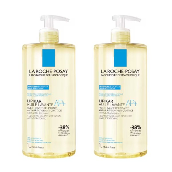 La Roche-Posay Lipikar Huile Lavante AP+ Duplo 1000 ml + 1000 ml – Aceite limpiador relipidizante para piel seca y sensible
