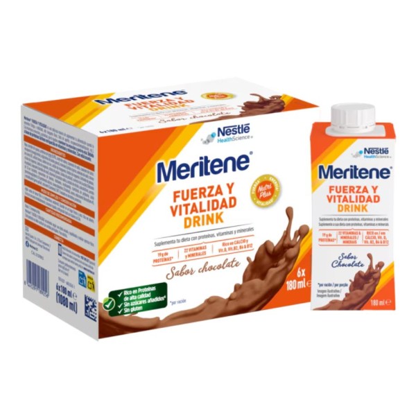 Meritene Fuerza y Vitalidad Drink 6 x 180 ml Sabor Chocolate – Complemento nutricional listo para tomar