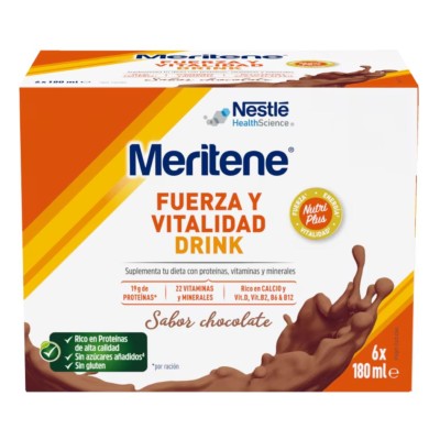 Meritene Fuerza y Vitalidad Drink 6 x 180 ml Sabor Chocolate – Complemento nutricional listo para tomar