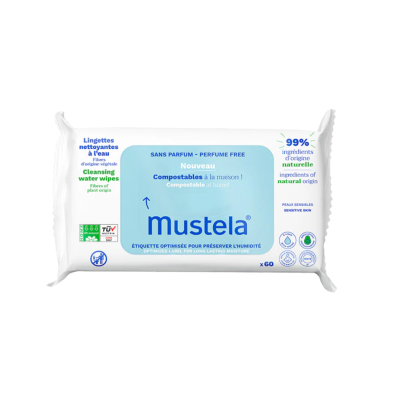 Mustela Toallitas al Agua de Algodón 60 unidades – Limpieza suave para bebé