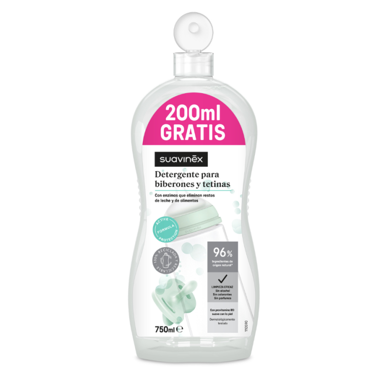 Suavinex Detergente Tetinas y Biberones 550 ml + 200 ml Free – Limpieza profunda accesorios bebé