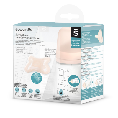 Suavinex Set Inicio Zero.Zero 180 ml Biberón Anticólico + Chupete Recién Nacido