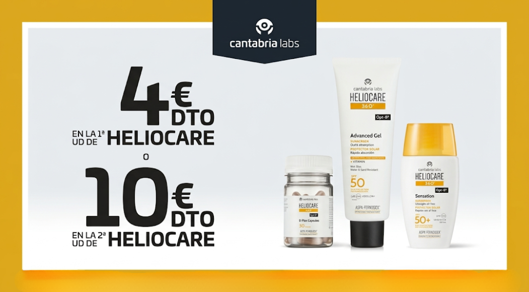 Heliocare 4 euros de descuento en la primera unidad y 10 en la segunda